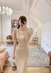 Puff Sleeve Buttoned Double-Breasted Dress
