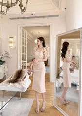 Puff Sleeve Buttoned Double-Breasted Dress
