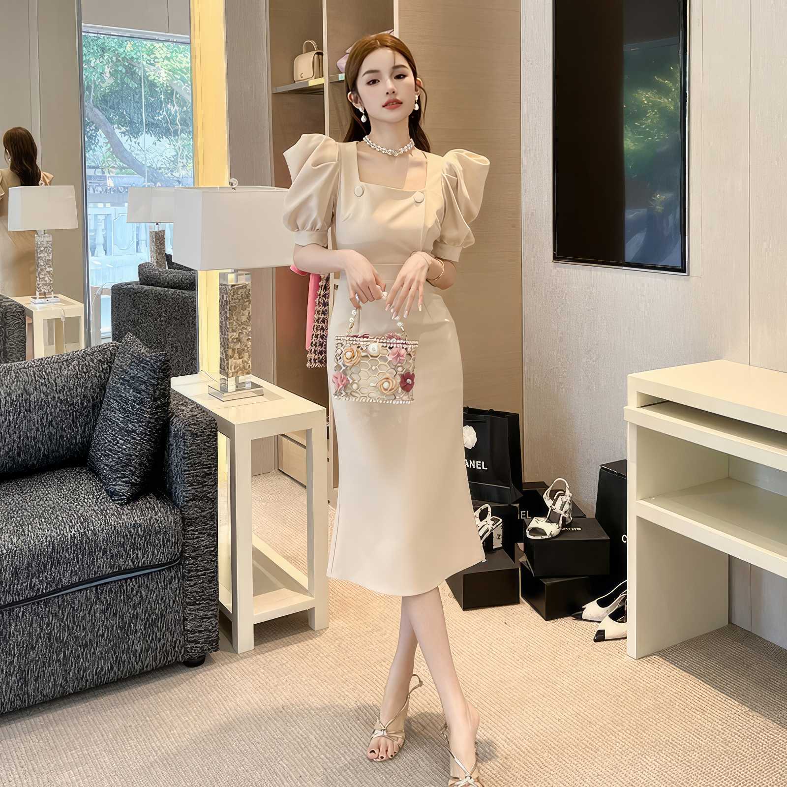 Puff Sleeve Buttoned Double-Breasted Dress