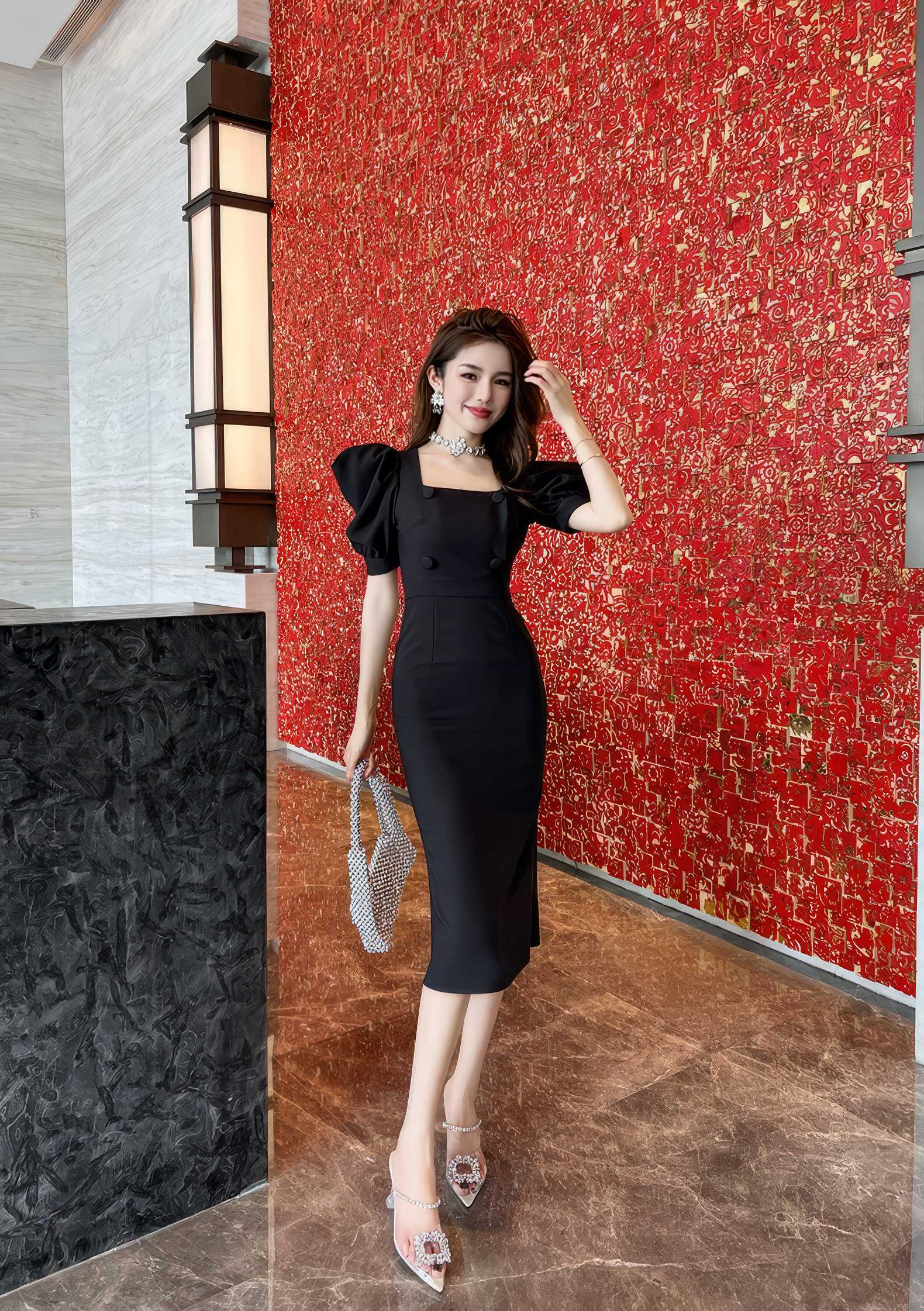 Puff Sleeve Buttoned Double-Breasted Dress