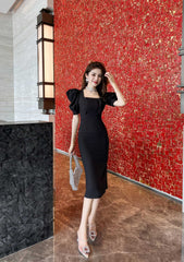 Puff Sleeve Buttoned Double-Breasted Dress