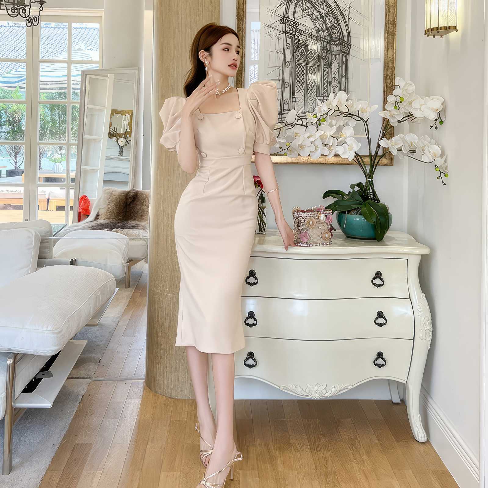 Puff Sleeve Buttoned Double-Breasted Dress