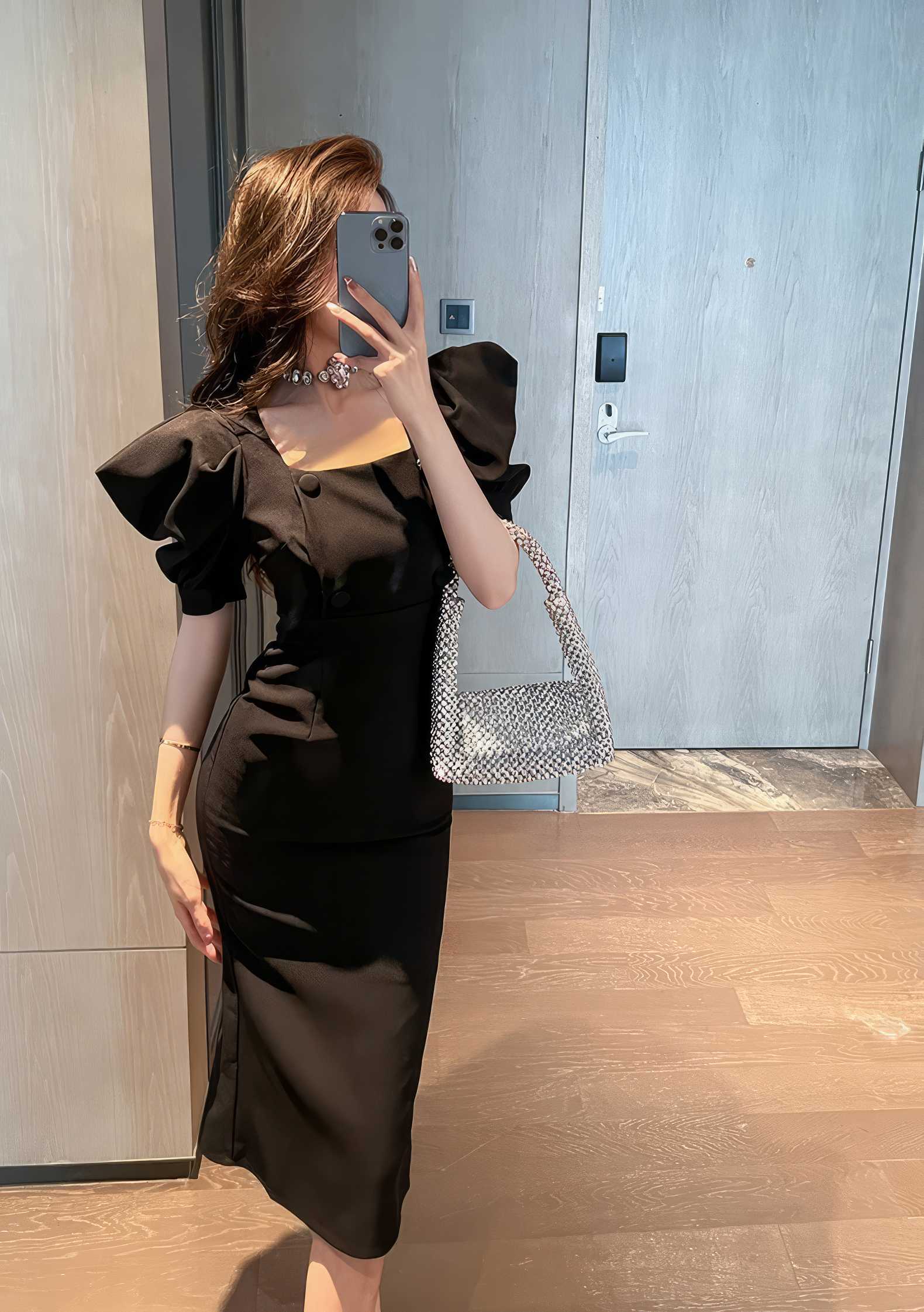 Puff Sleeve Buttoned Double-Breasted Dress