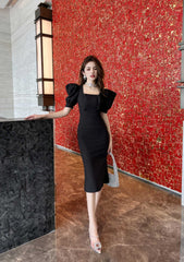 Puff Sleeve Buttoned Double-Breasted Dress S / Black