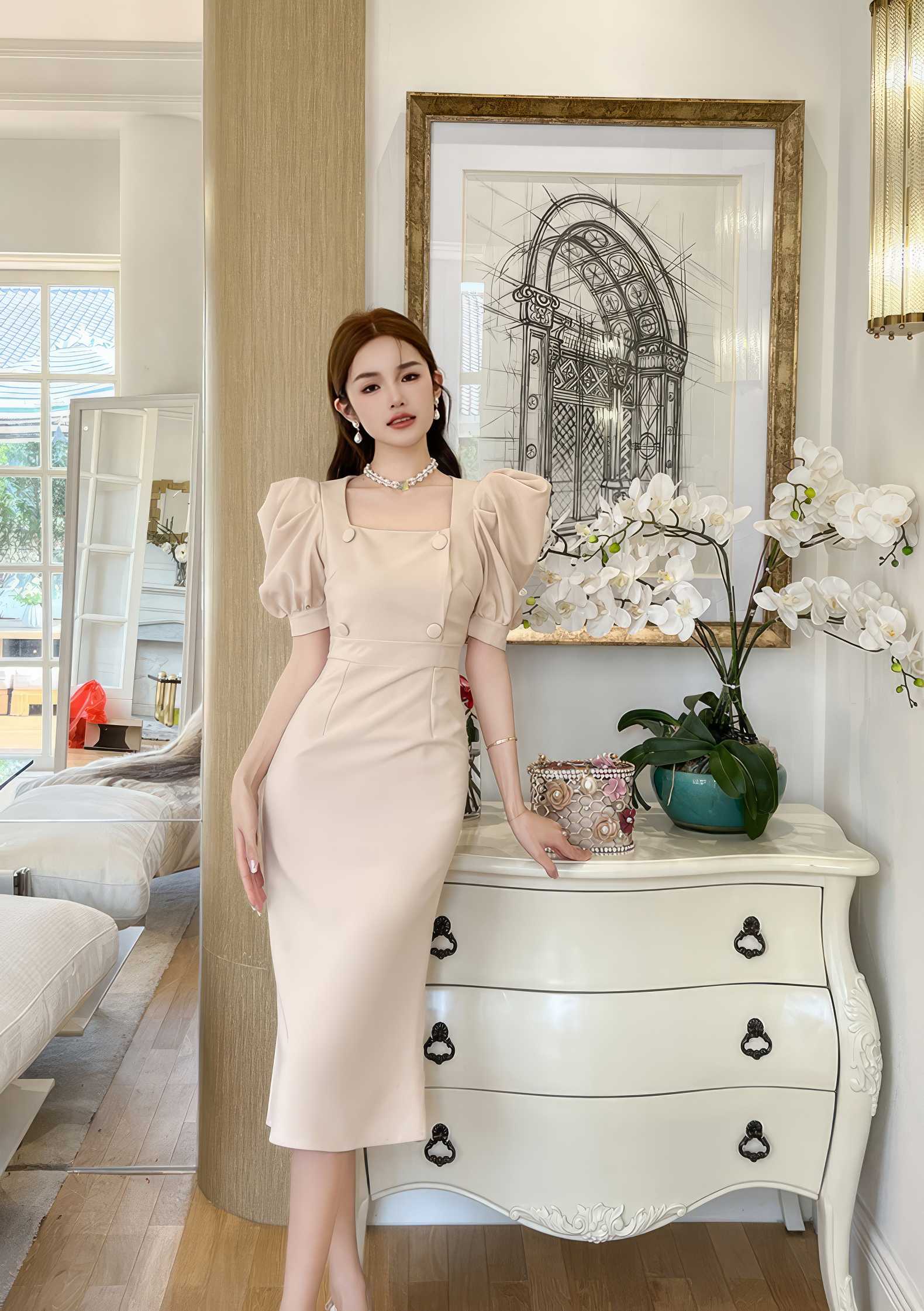 Puff Sleeve Buttoned Double-Breasted Dress S / PapayaWhip