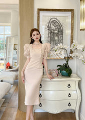 Puff Sleeve Buttoned Double-Breasted Dress S / PapayaWhip