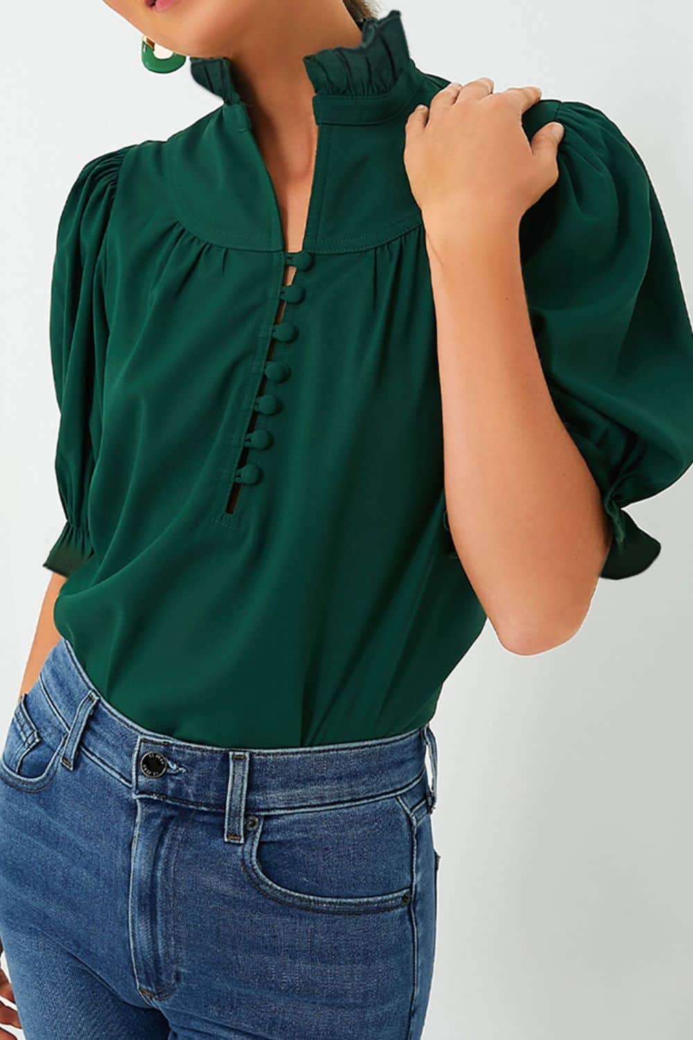 Puff Sleeve Frilled Trim Elegant Blouse Dark Green / S