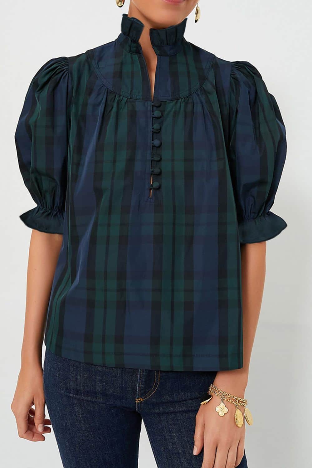 Puff Sleeve Frilled Trim Elegant Blouse Plaid / L