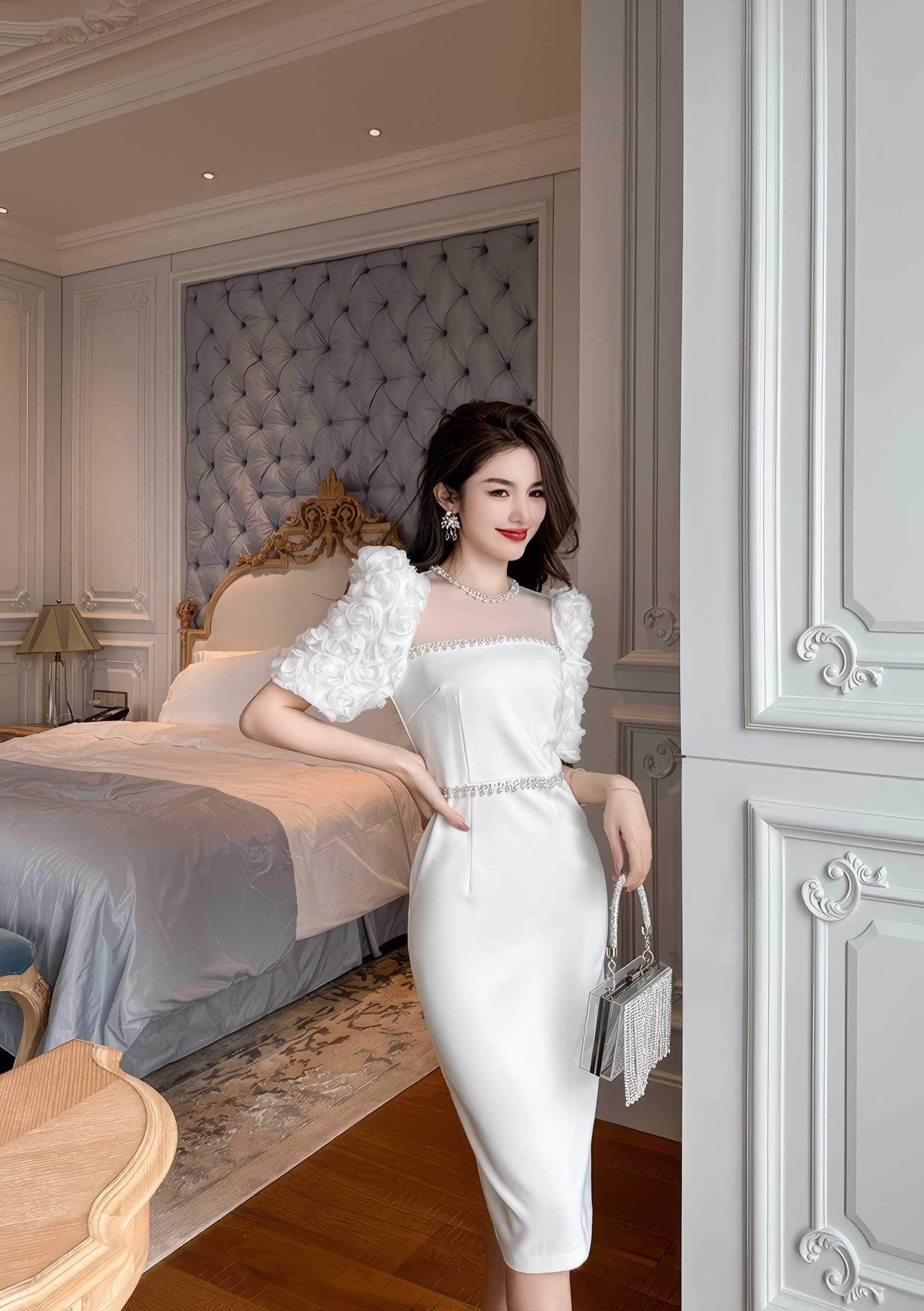 Puff Sleeve Pearl Embellished Column Dress
