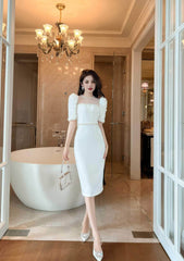 Puff Sleeve Pearl Embellished Column Dress