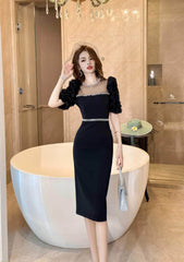 Puff Sleeve Pearl Embellished Column Dress