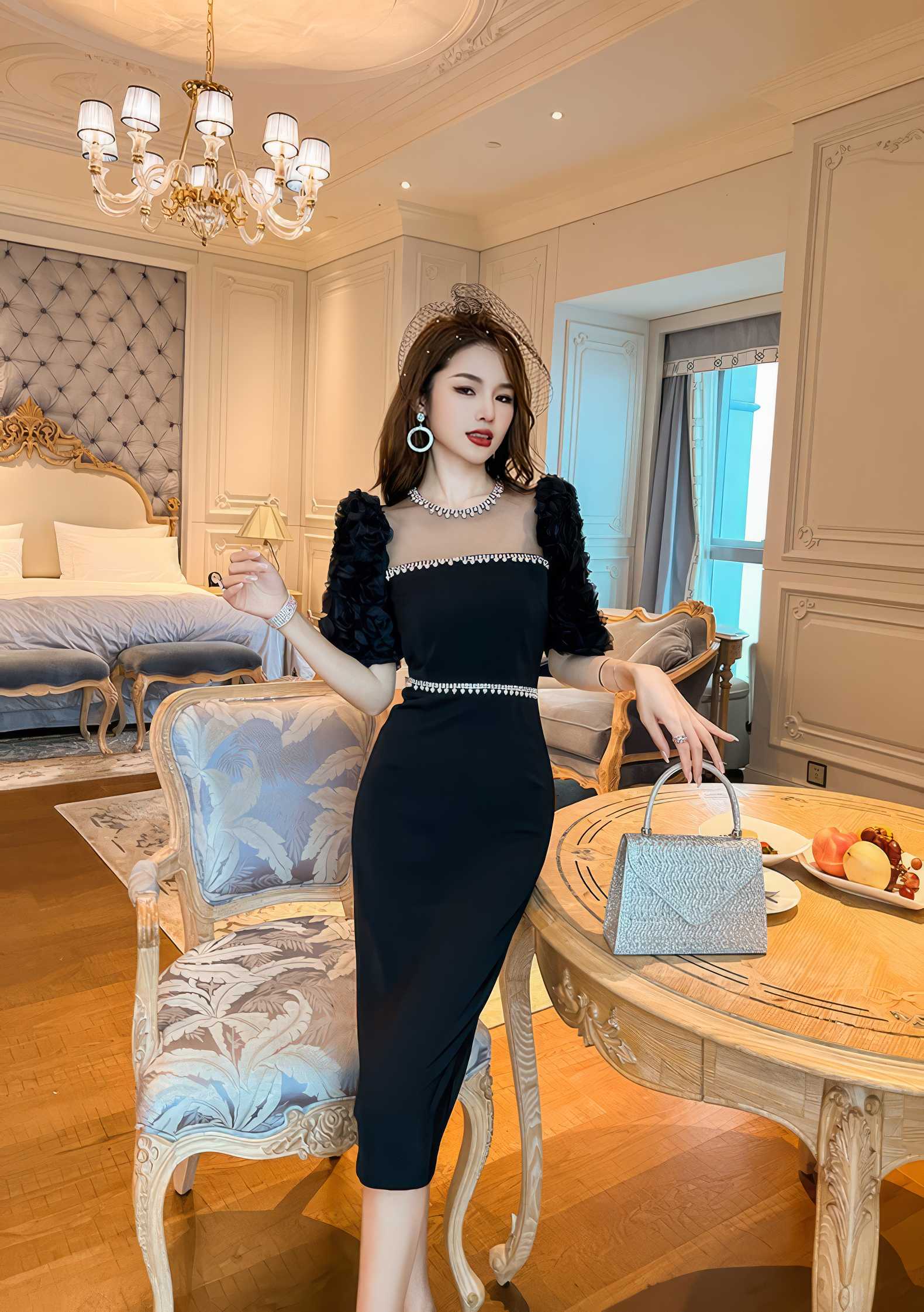 Puff Sleeve Pearl Embellished Column Dress