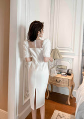 Puff Sleeve Pearl Embellished Column Dress