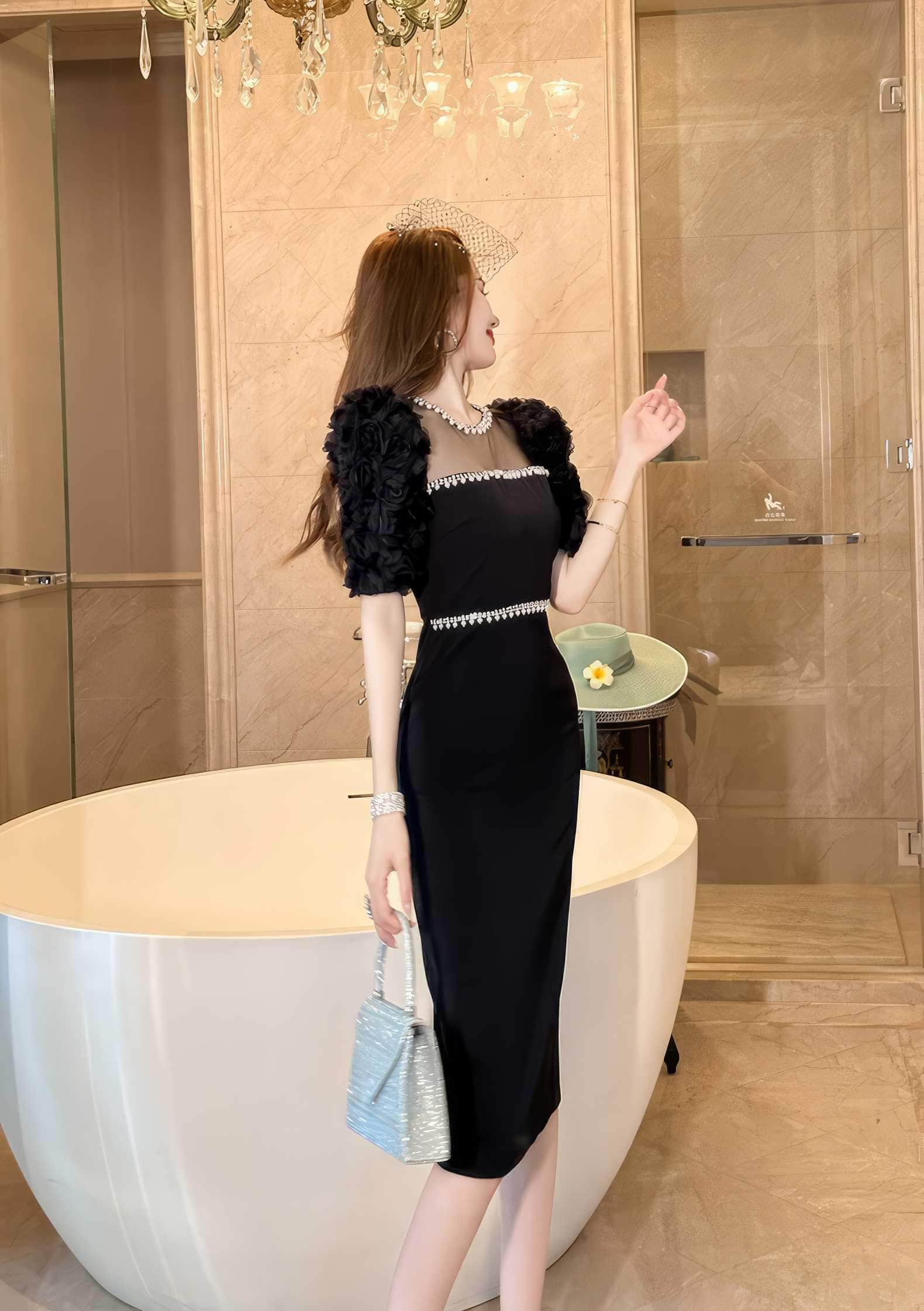 Puff Sleeve Pearl Embellished Column Dress