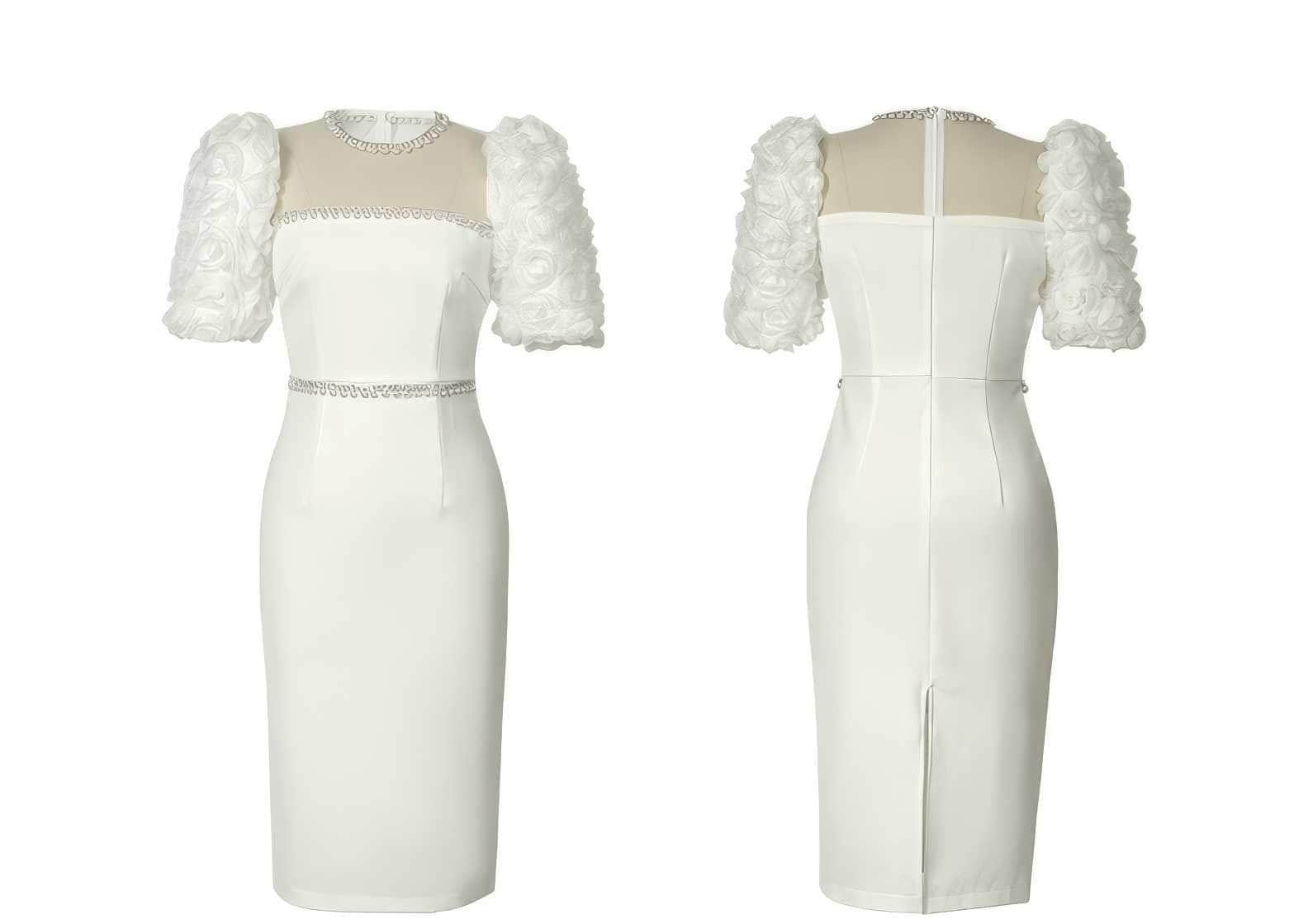 Puff Sleeve Pearl Embellished Column Dress