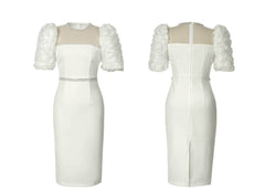 Puff Sleeve Pearl Embellished Column Dress