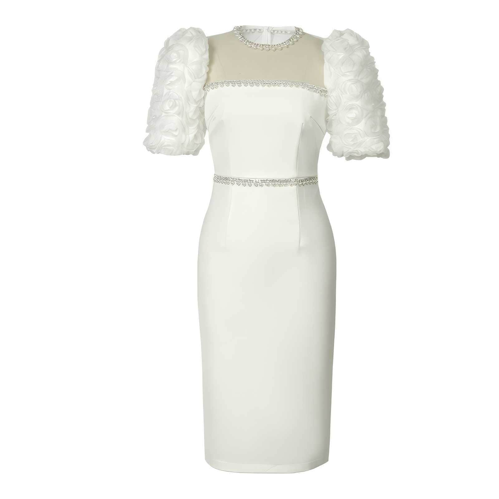 Puff Sleeve Pearl Embellished Column Dress