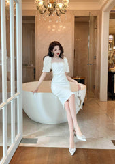 Puff Sleeve Pearl Embellished Column Dress