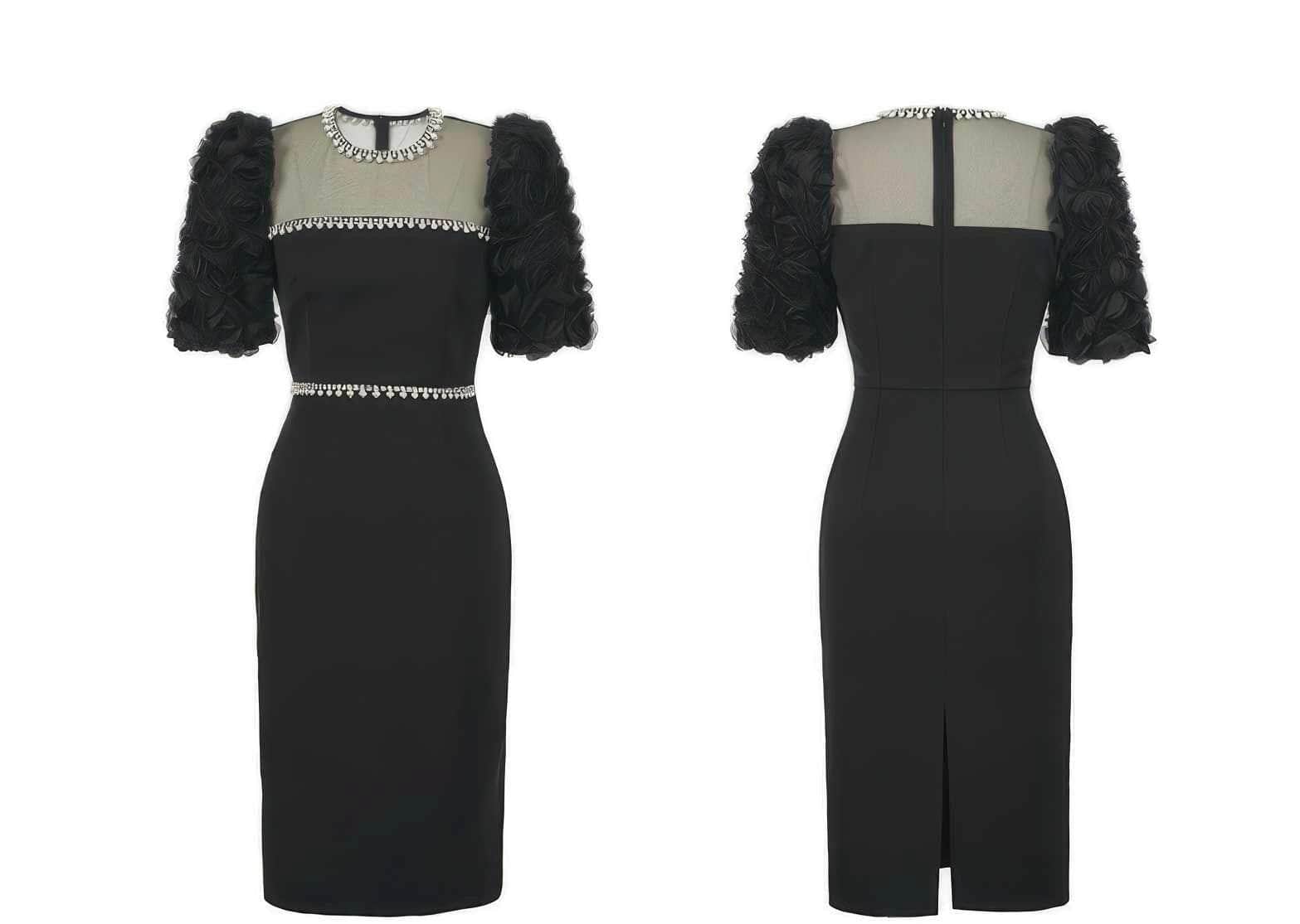 Puff Sleeve Pearl Embellished Column Dress