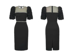 Puff Sleeve Pearl Embellished Column Dress