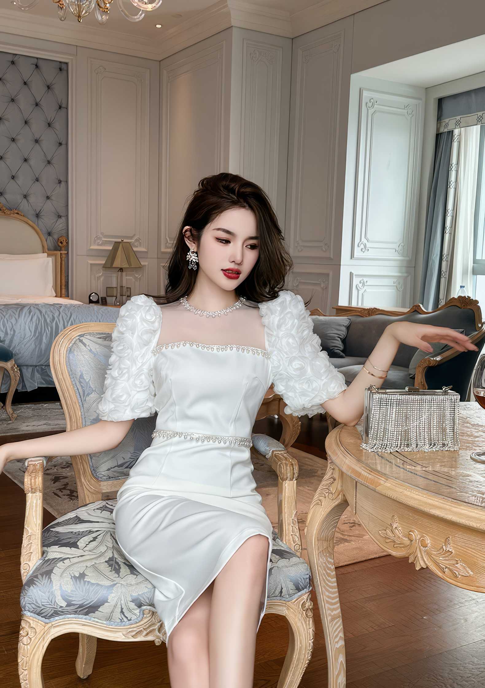 Puff Sleeve Pearl Embellished Column Dress
