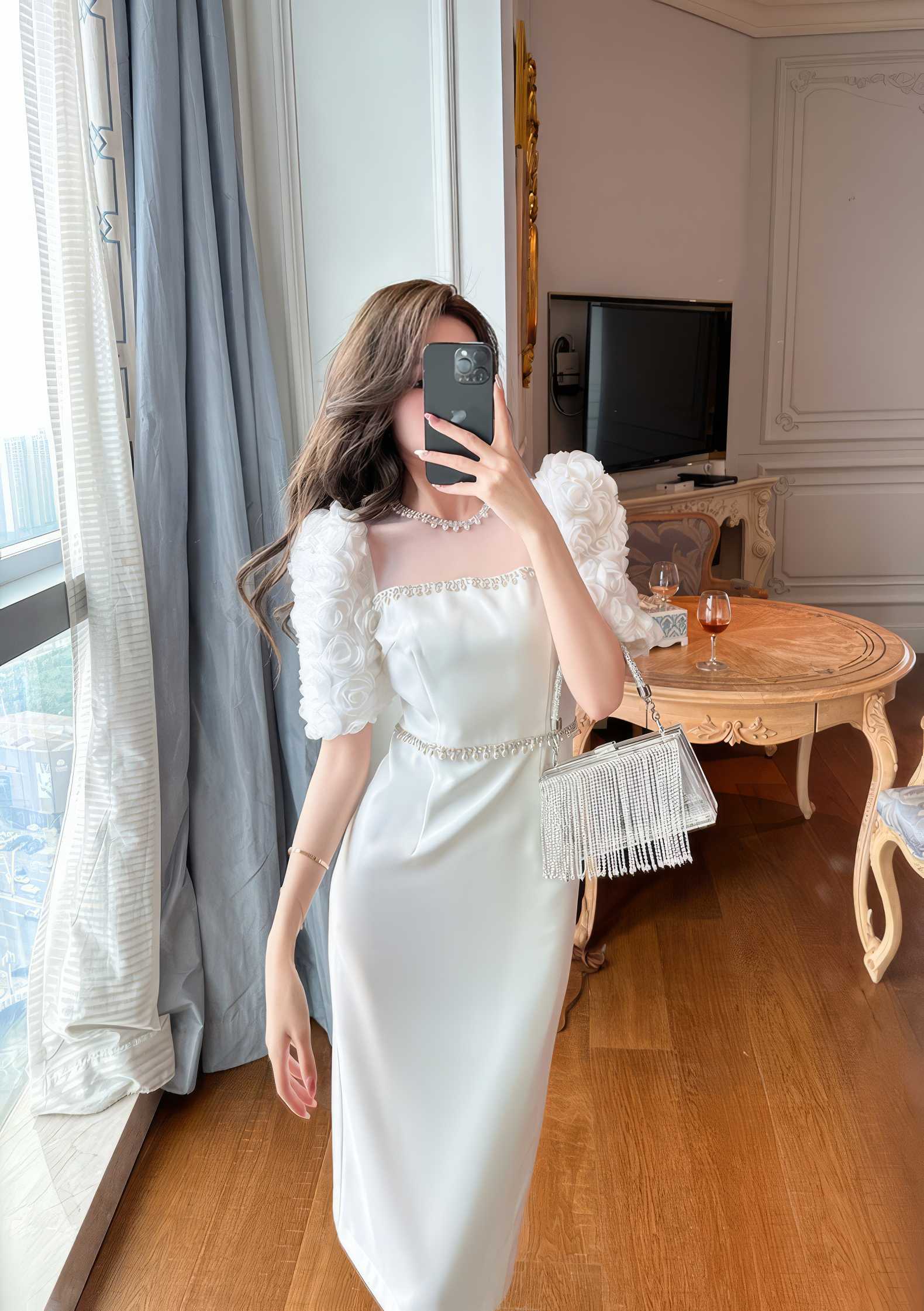 Puff Sleeve Pearl Embellished Column Dress