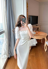 Puff Sleeve Pearl Embellished Column Dress