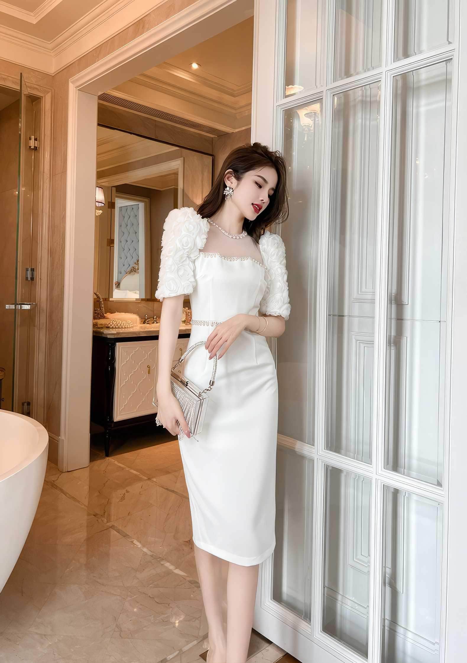 Puff Sleeve Pearl Embellished Column Dress