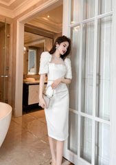 Puff Sleeve Pearl Embellished Column Dress