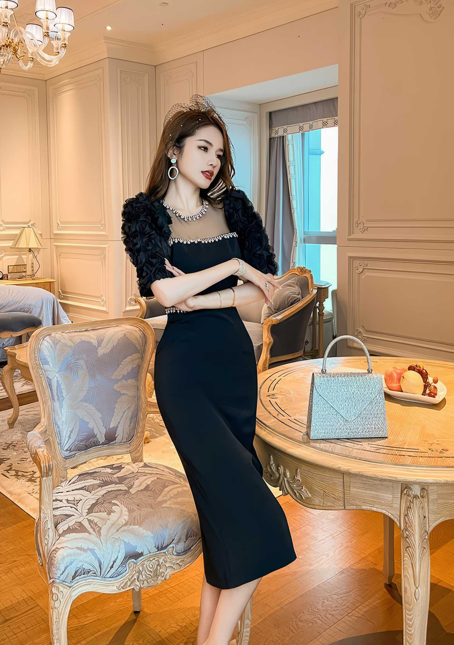 Puff Sleeve Pearl Embellished Column Dress
