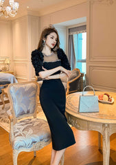 Puff Sleeve Pearl Embellished Column Dress