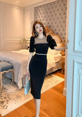 Puff Sleeve Pearl Embellished Column Dress