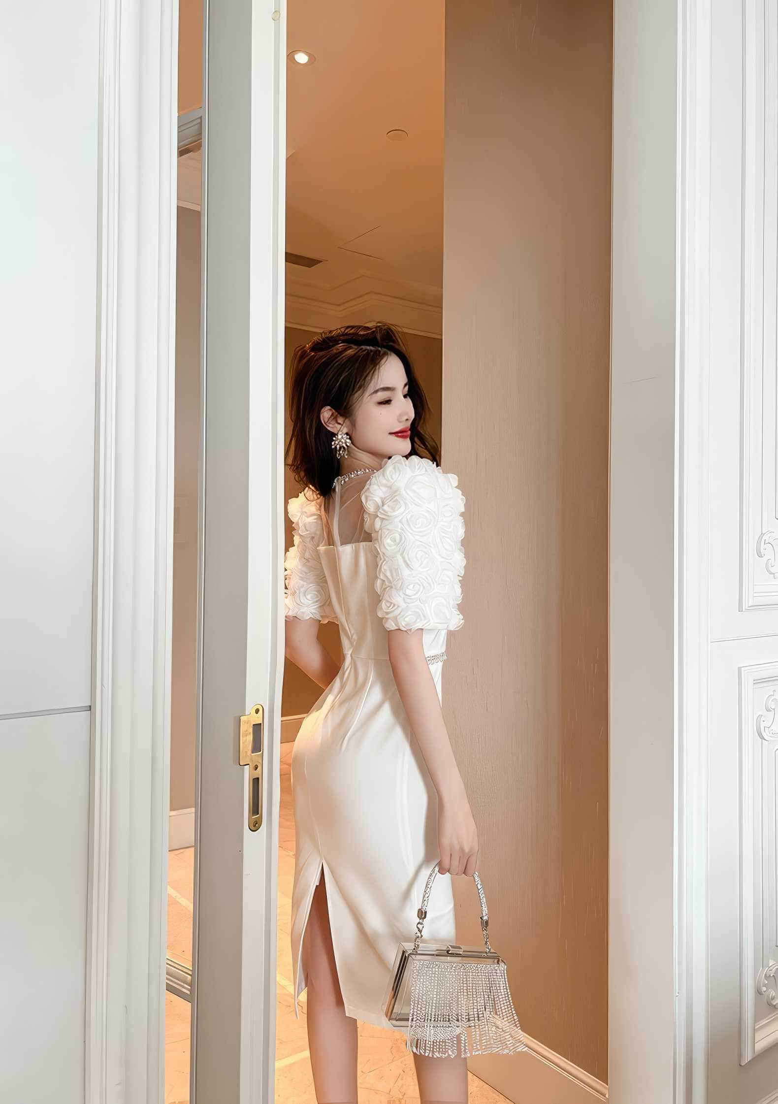 Puff Sleeve Pearl Embellished Column Dress