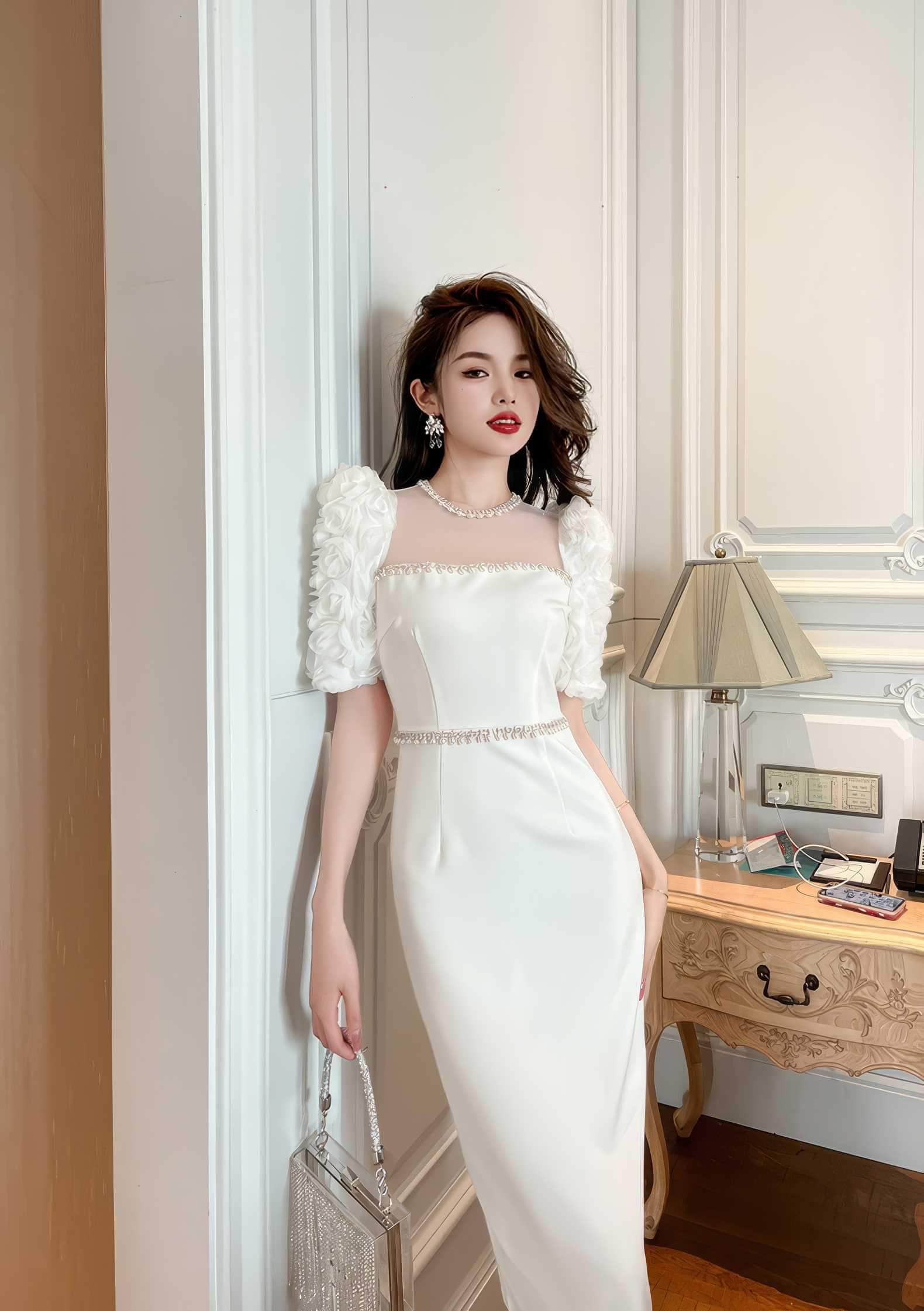 Puff Sleeve Pearl Embellished Column Dress