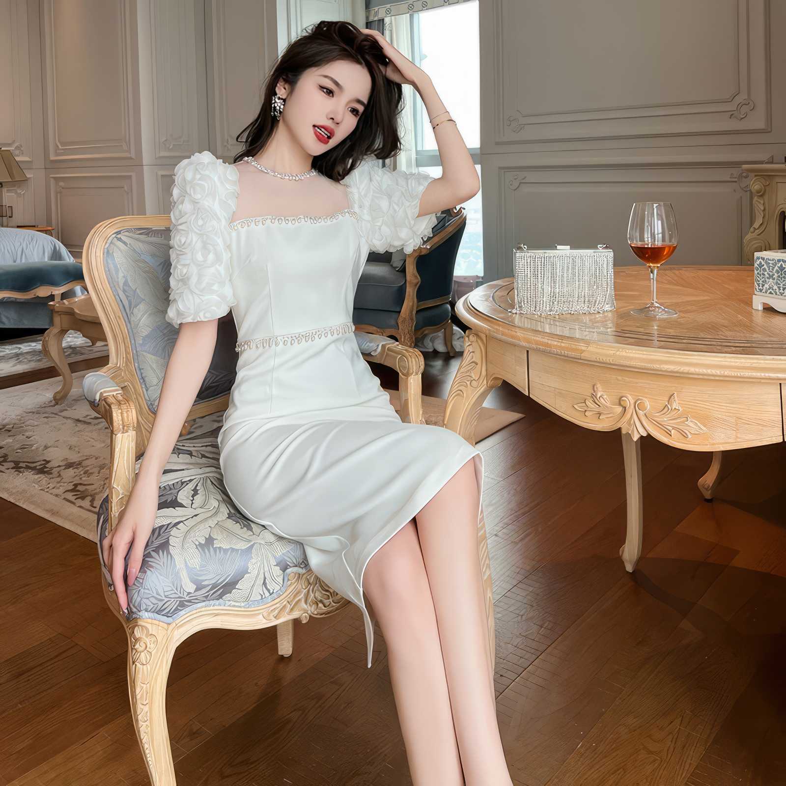 Puff Sleeve Pearl Embellished Column Dress