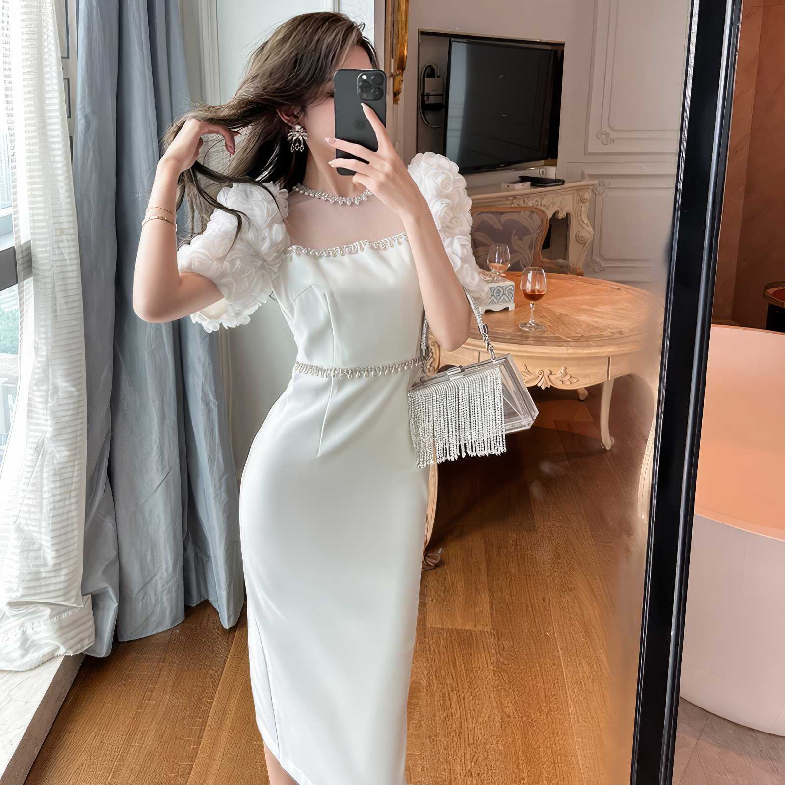 Puff Sleeve Pearl Embellished Column Dress
