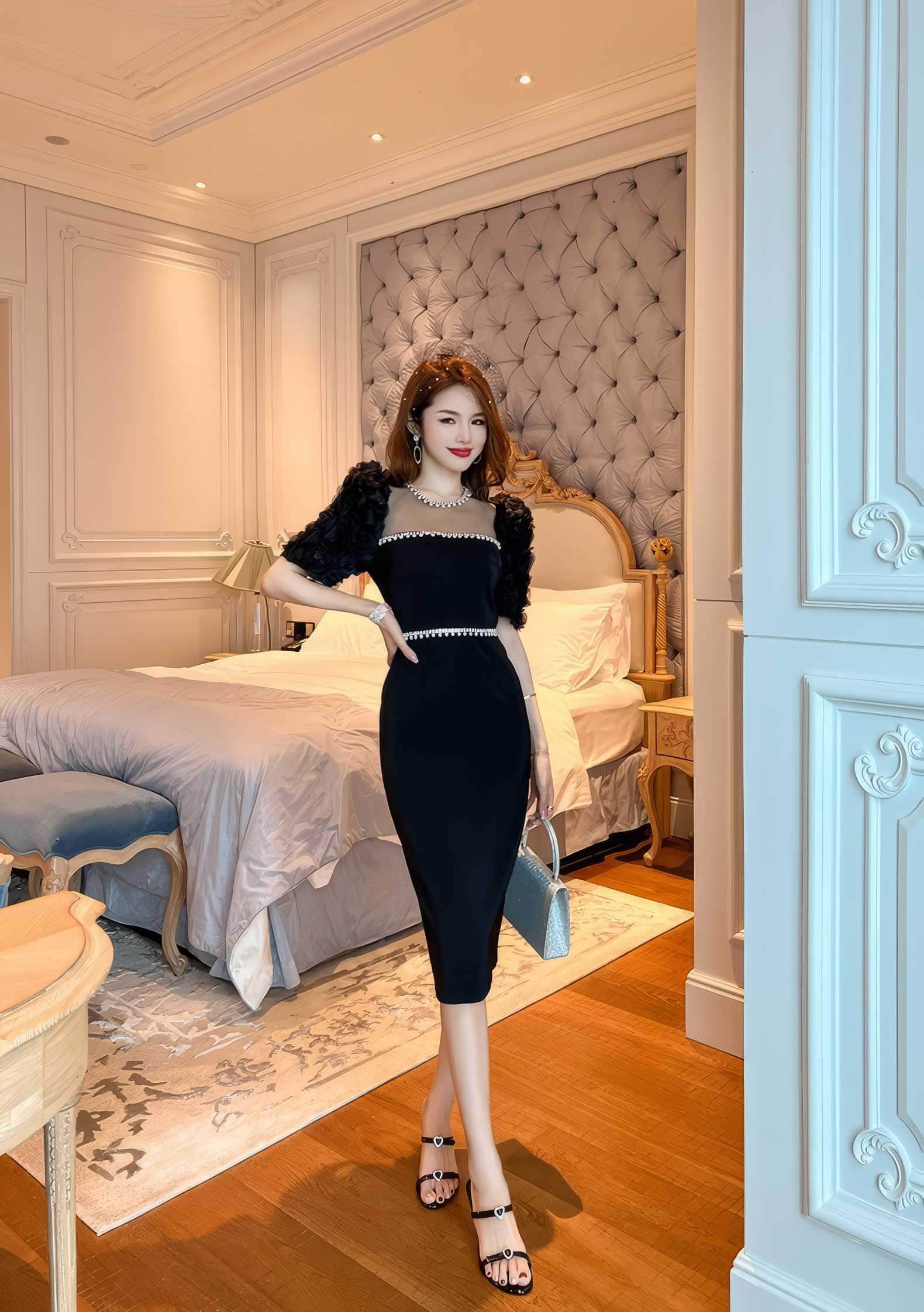 Puff Sleeve Pearl Embellished Column Dress
