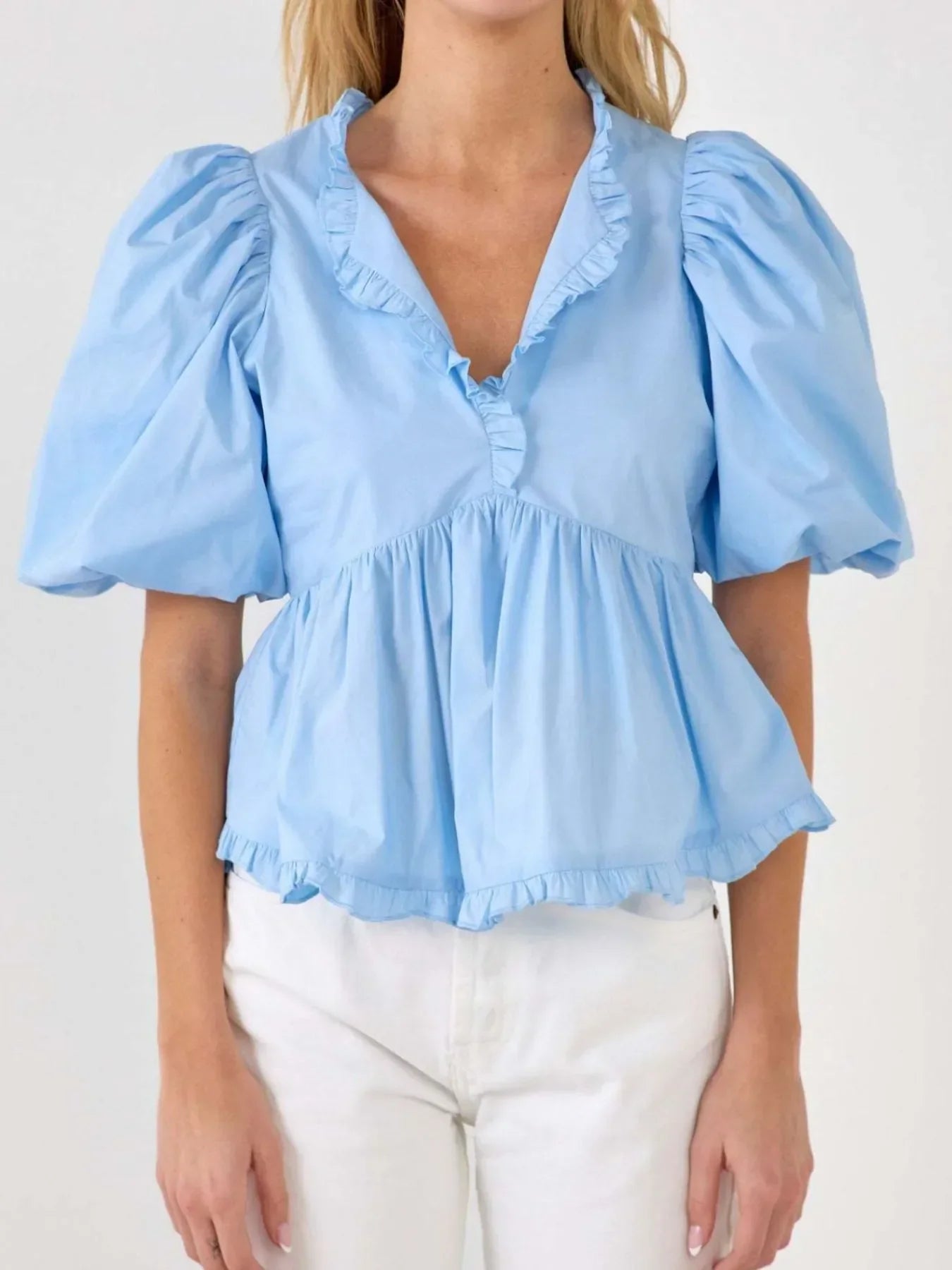 Puff Sleeve Peplum Blouse Blue / S