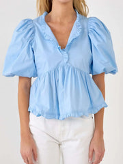 Puff Sleeve Peplum Blouse Blue / S