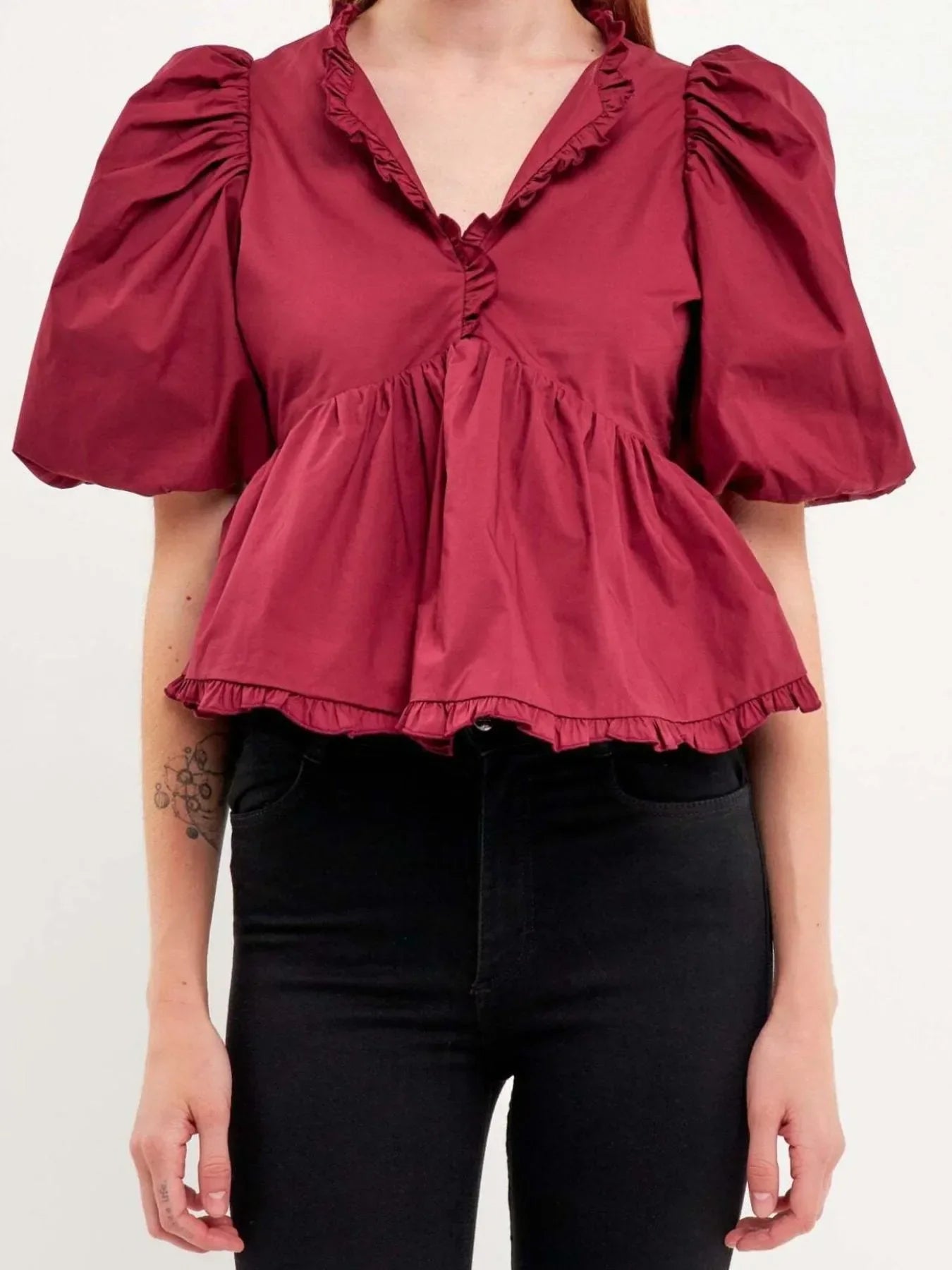 Puff Sleeve Peplum Blouse Red / S