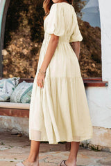 Puff Sleeve Pleated High Waist Flowy Midi Dress