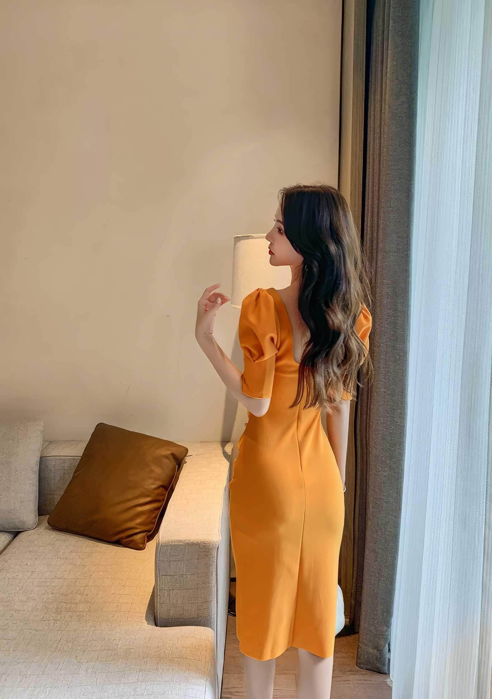 Puff Sleeve Pleated Midi Cocktail Dress
