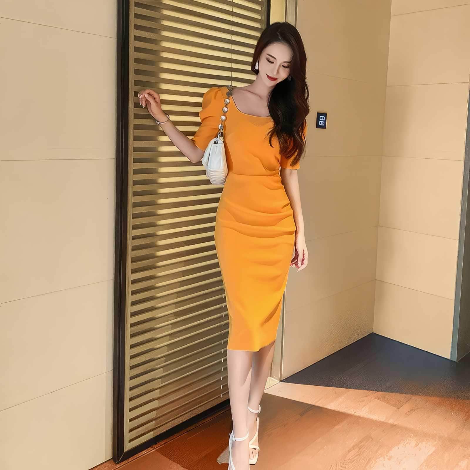 Puff Sleeve Pleated Midi Cocktail Dress