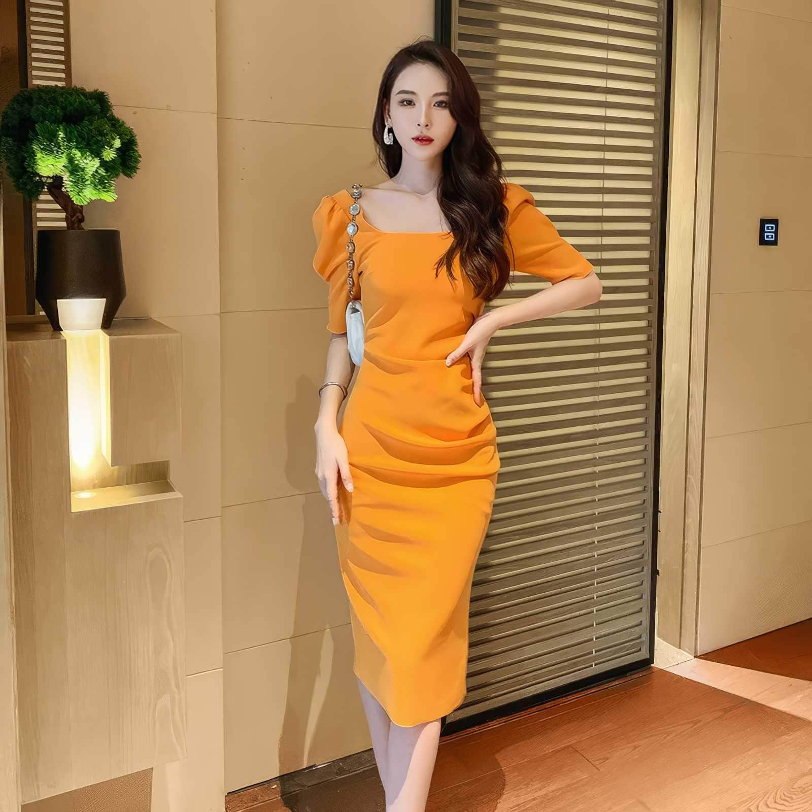 Puff Sleeve Pleated Midi Cocktail Dress