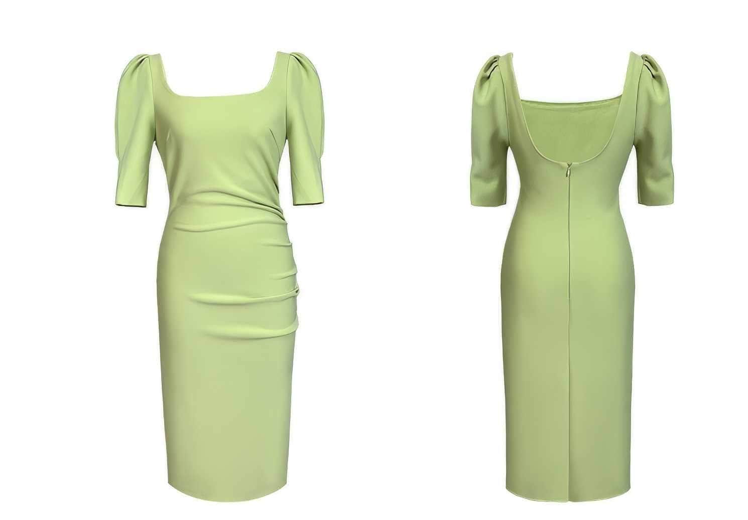 Puff Sleeve Pleated Midi Cocktail Dress
