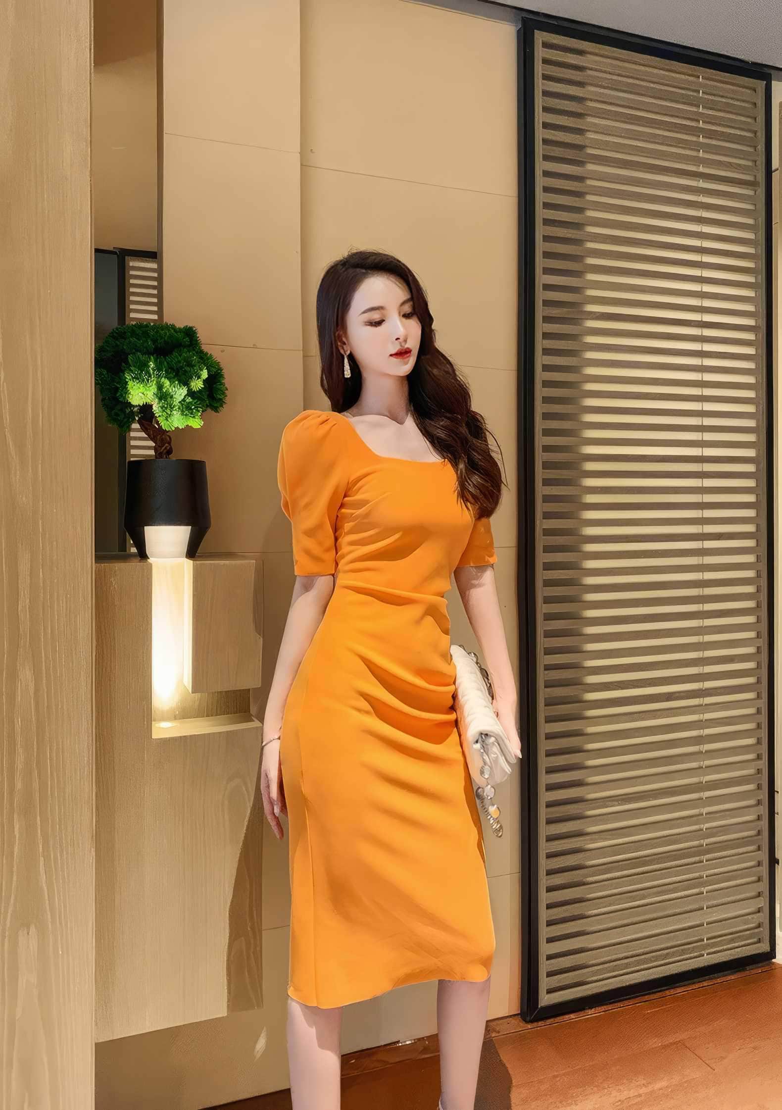 Puff Sleeve Pleated Midi Cocktail Dress