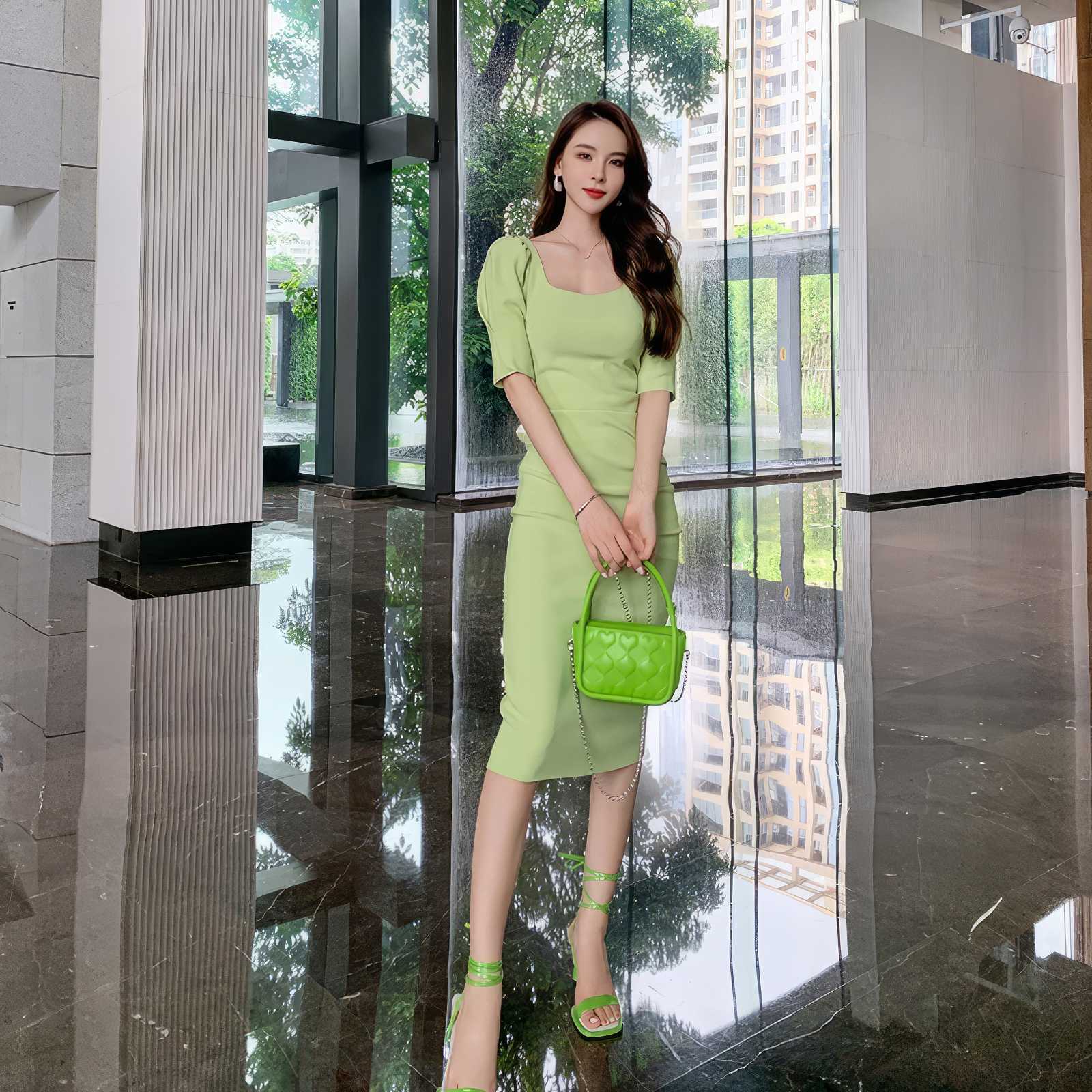 Puff Sleeve Pleated Midi Cocktail Dress