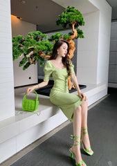 Puff Sleeve Pleated Midi Cocktail Dress