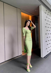 Puff Sleeve Pleated Midi Cocktail Dress