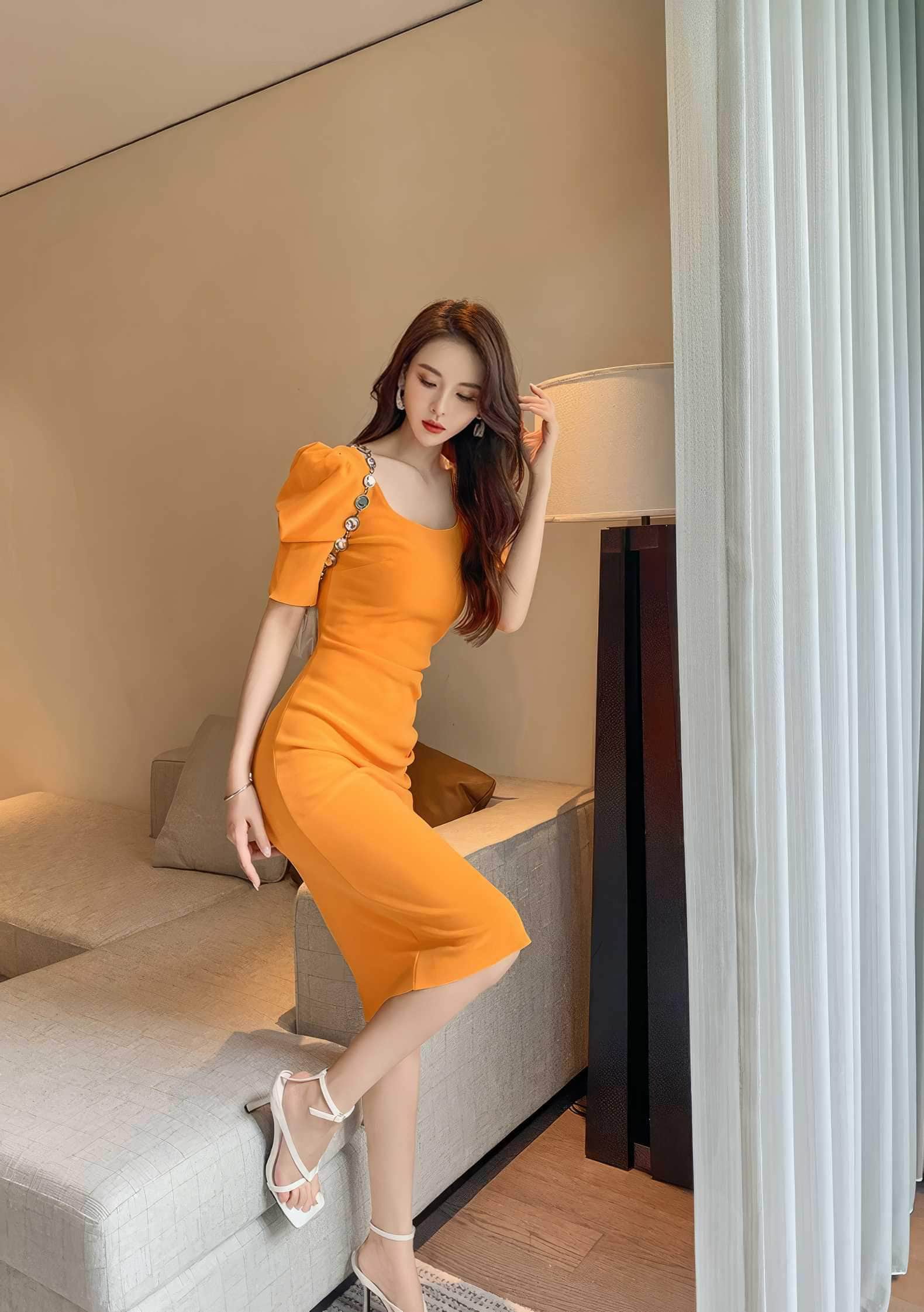 Puff Sleeve Pleated Midi Cocktail Dress